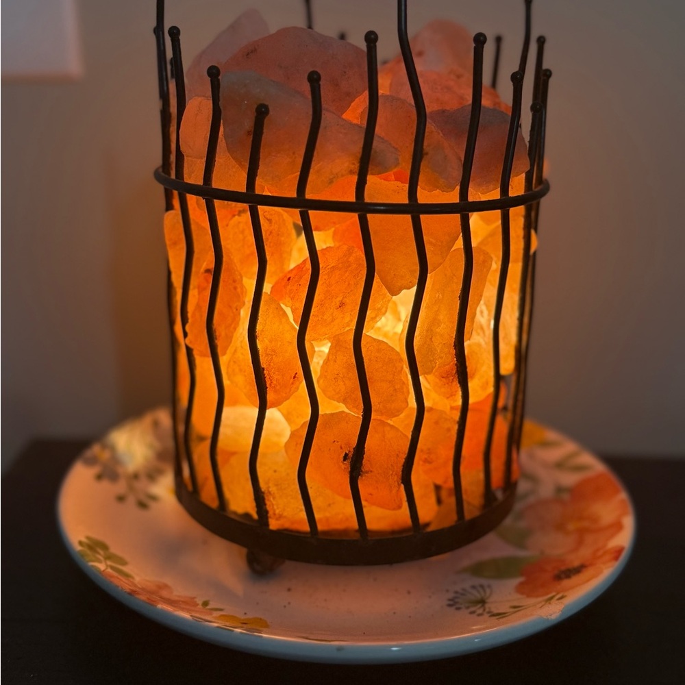 Himalayan Salt Lamp with Black Metal Cage